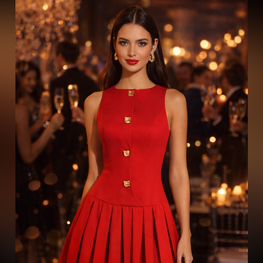 Commense NWT Gold Metal-Button Red Pleated Tank Dress XS